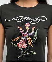 Ed Hardy Orchid Rhinestone Charcoal Cap Sleeve T-Shirt