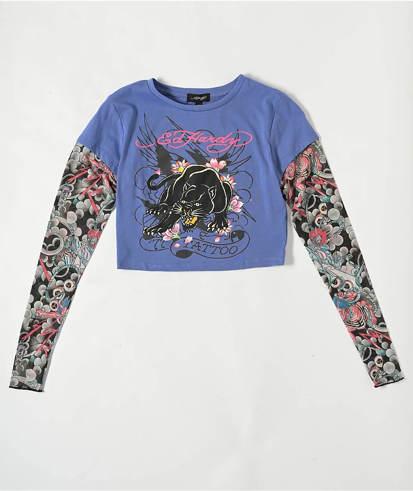 Ed Hardy Panther 2fer Midnight Long Sleeve Crop T-Shirt