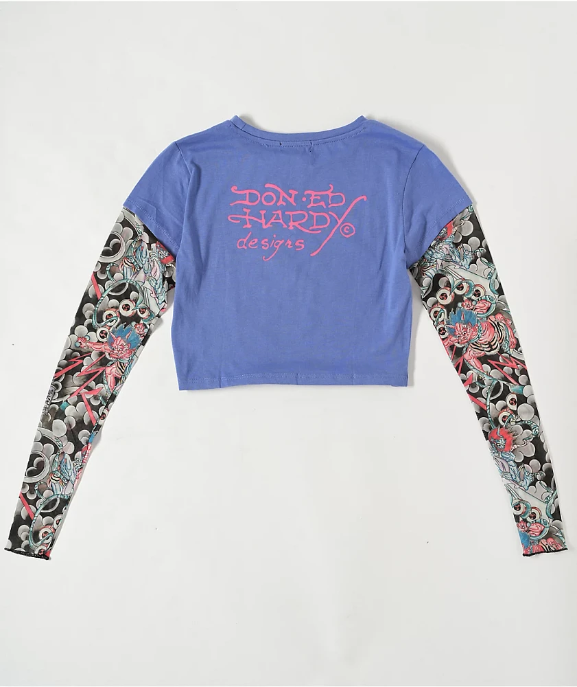 Ed Hardy Panther 2fer Midnight Long Sleeve Crop T-Shirt