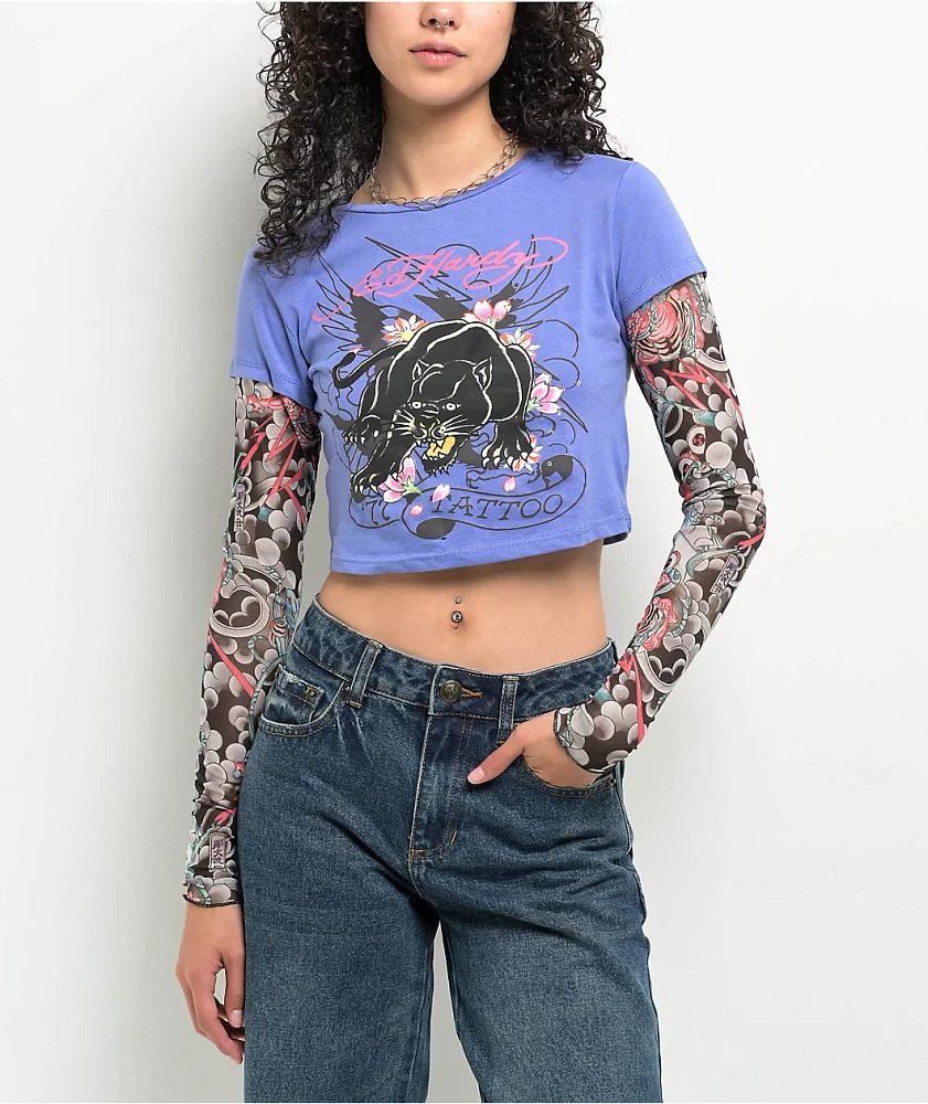 Ed Hardy Panther 2fer Midnight Long Sleeve Crop T-Shirt