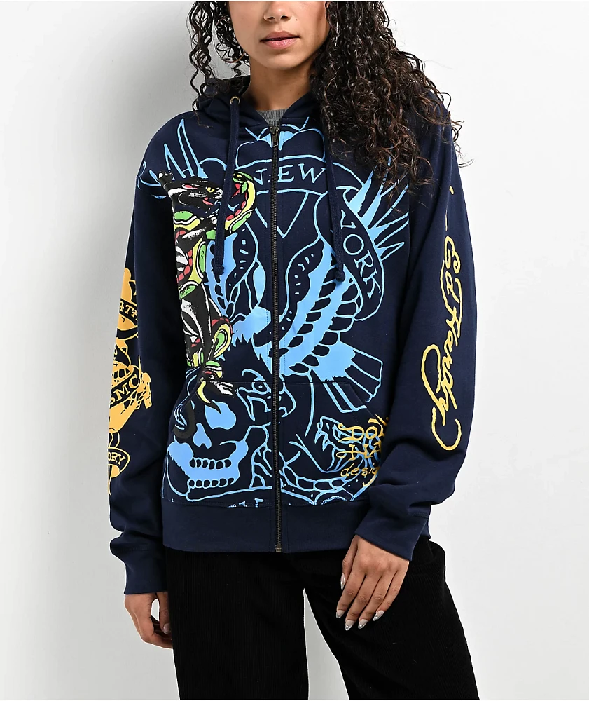 Ed Hardy Panther Bulldog Navy Zip Hoodie