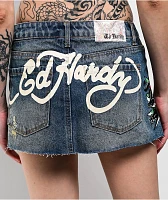 Ed Hardy Panther Dagger Dark Blue Cutoff Denim Mini Skirt