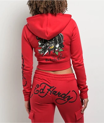 Ed Hardy Panther Dagger Red Crop Zip Hoodie