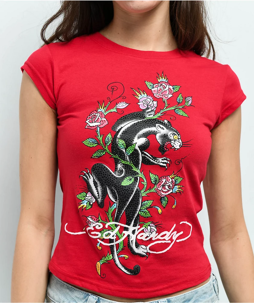 Ed Hardy Panther Rhinestone Cherry Crop T-Shirt