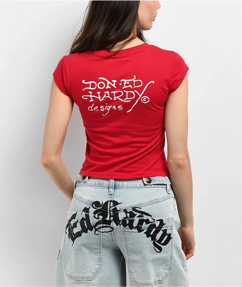 Ed Hardy Panther Rhinestone Cherry Crop T-Shirt