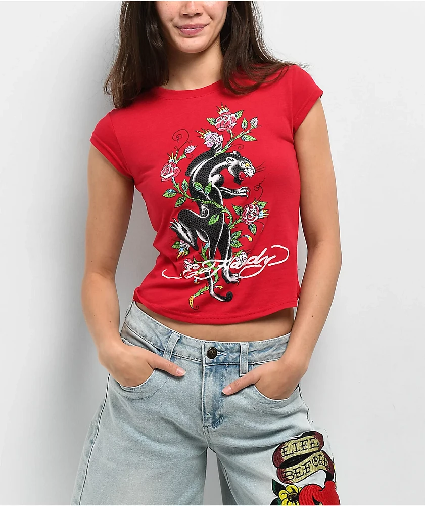 Ed Hardy Panther Rhinestone Cherry Crop T-Shirt