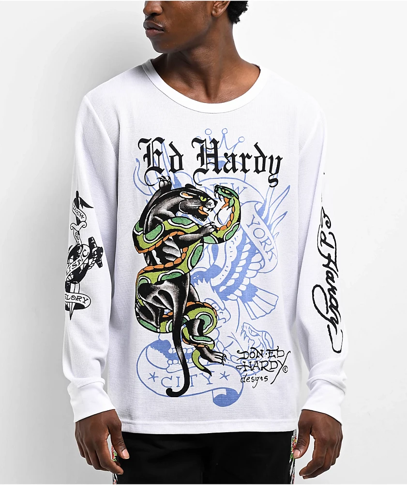 Ed Hardy Panther Snake White Thermal Long Sleeve T-Shirt