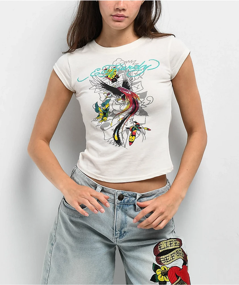 Ed Hardy Phoenix Ivory Cap Sleeve Crop T-Shirt