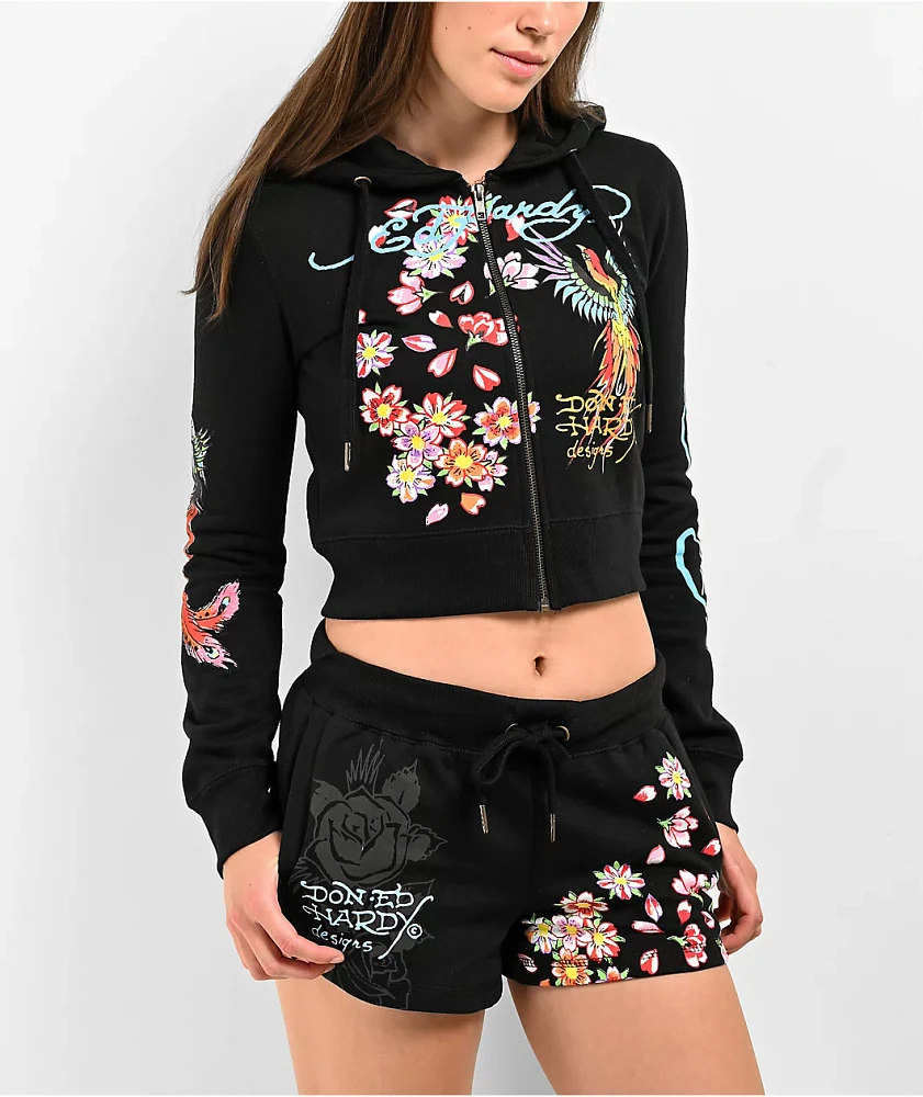 Ed Hardy Phoenix Y2K Black Crop Zip Hoodie