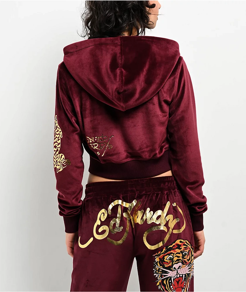 Ed Hardy Retro Tiger Burgundy Velour Crop Zip Hoodie