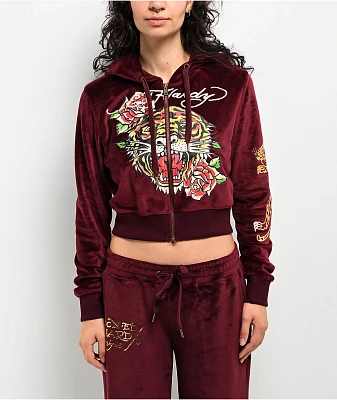 Ed Hardy Retro Tiger Burgundy Velour Crop Zip Hoodie