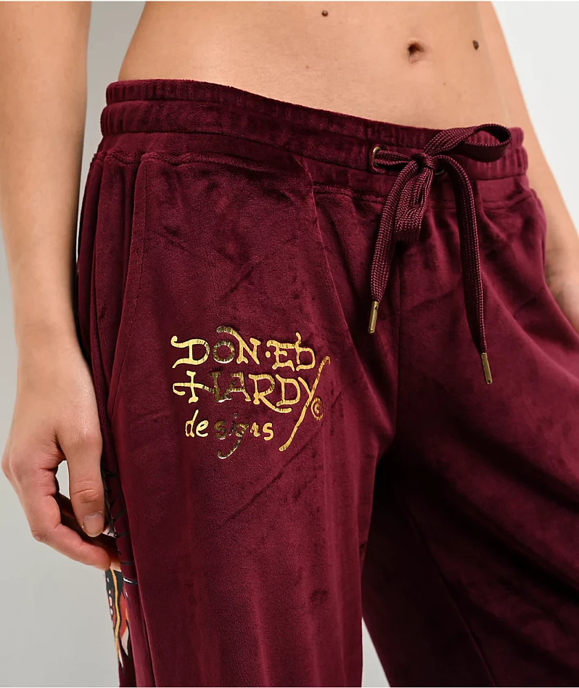 Ed Hardy Retro Tiger Burgundy Velour Track Pants