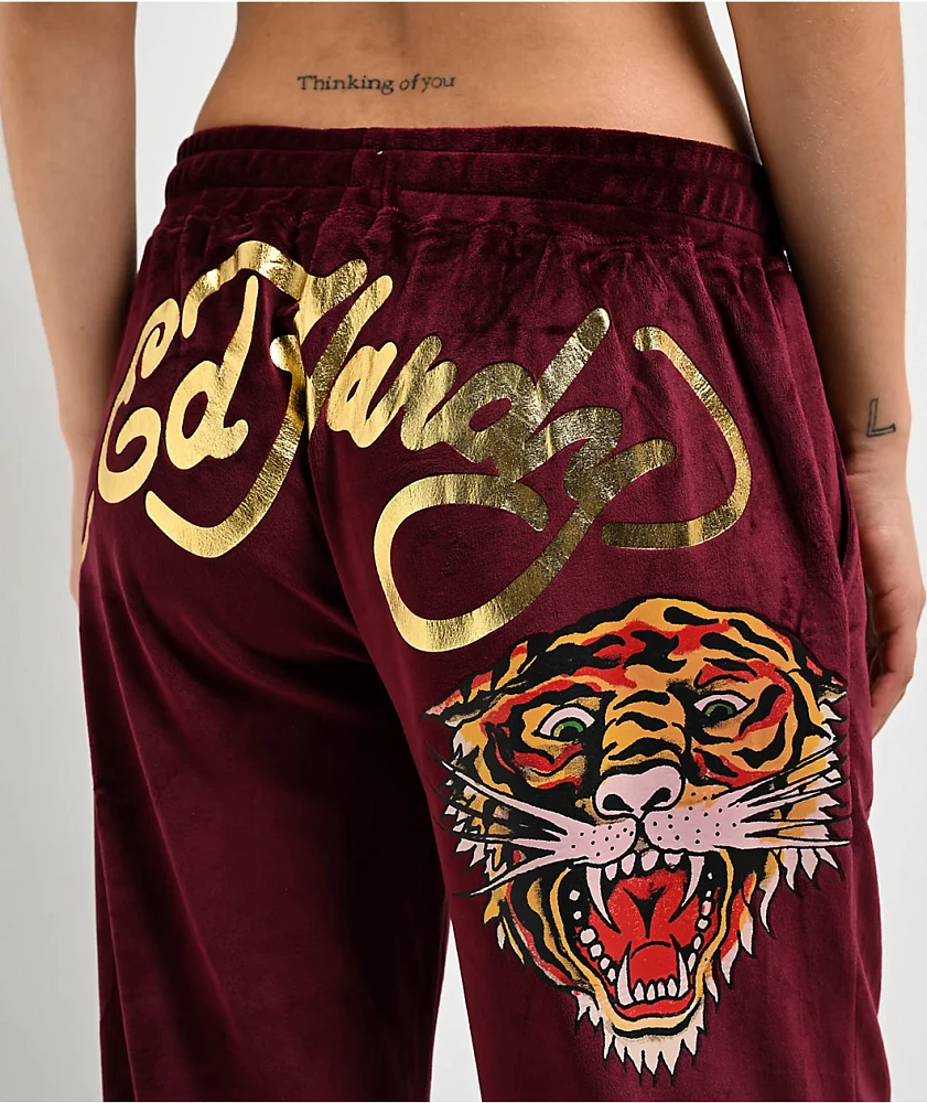 Ed Hardy Retro Tiger Burgundy Velour Track Pants