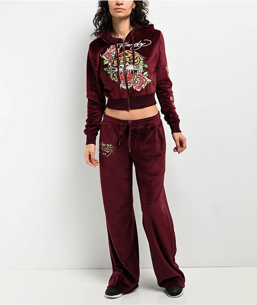 Ed Hardy Retro Tiger Burgundy Velour Track Pants