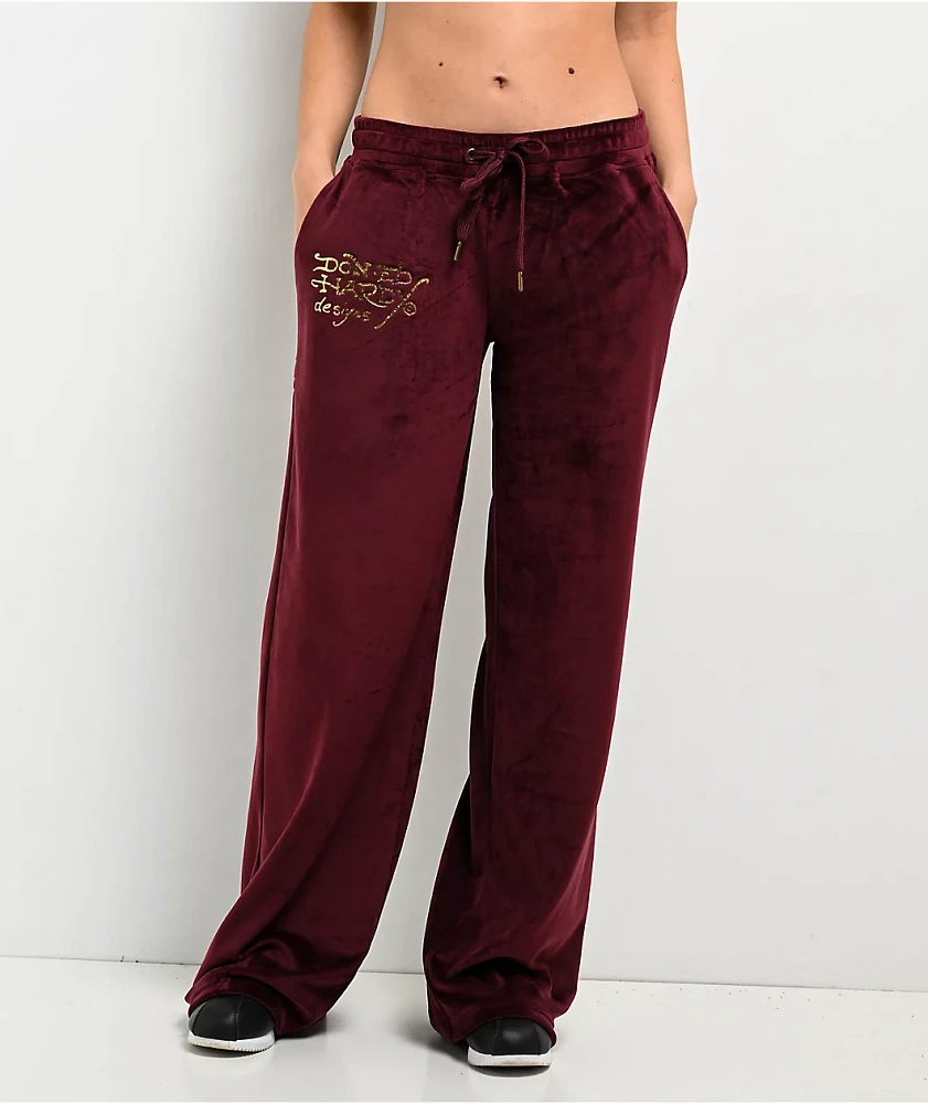 Ed Hardy Retro Tiger Burgundy Velour Track Pants