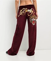 Ed Hardy Retro Tiger Burgundy Velour Track Pants