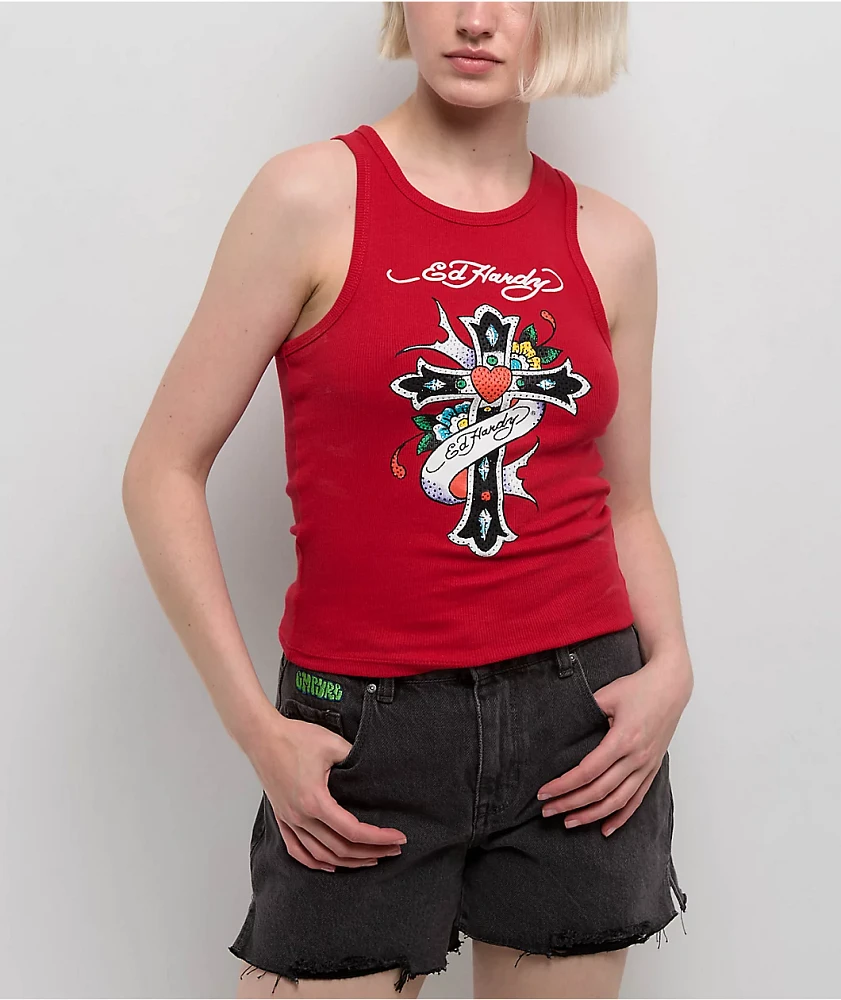 Ed Hardy Rhinestone Cross Cherry Tank Top
