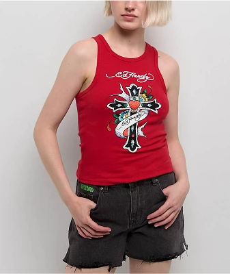 Ed Hardy Rhinestone Cross Cherry Tank Top