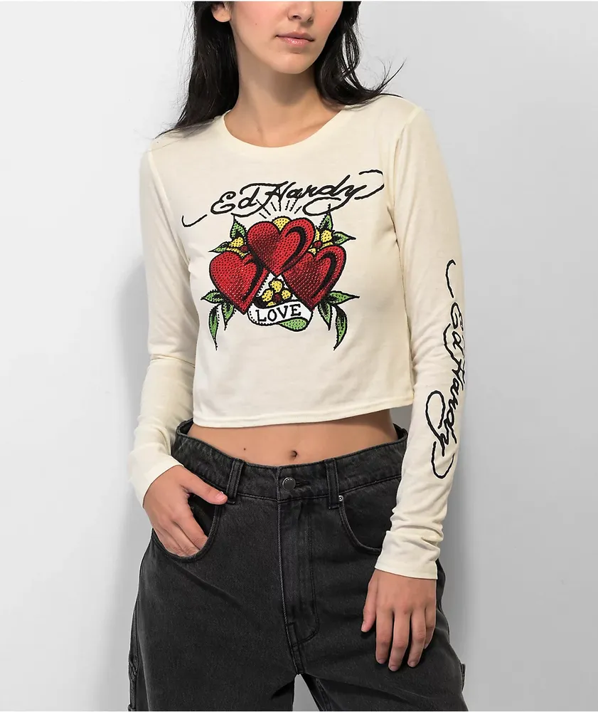 Y2k Shirt for Women Long Sleeve Graphic Rhinestone Crop Top Heart