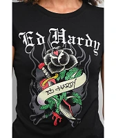 Ed Hardy Rose Rhinestone Cap Sleeve Black T-Shirt