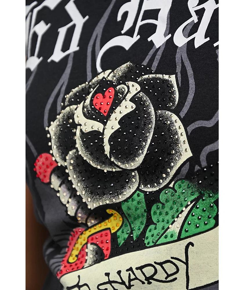 Ed Hardy Rose Rhinestone Cap Sleeve Black T-Shirt