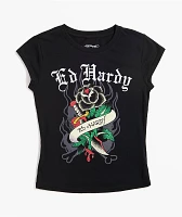 Ed Hardy Rose Rhinestone Cap Sleeve Black T-Shirt