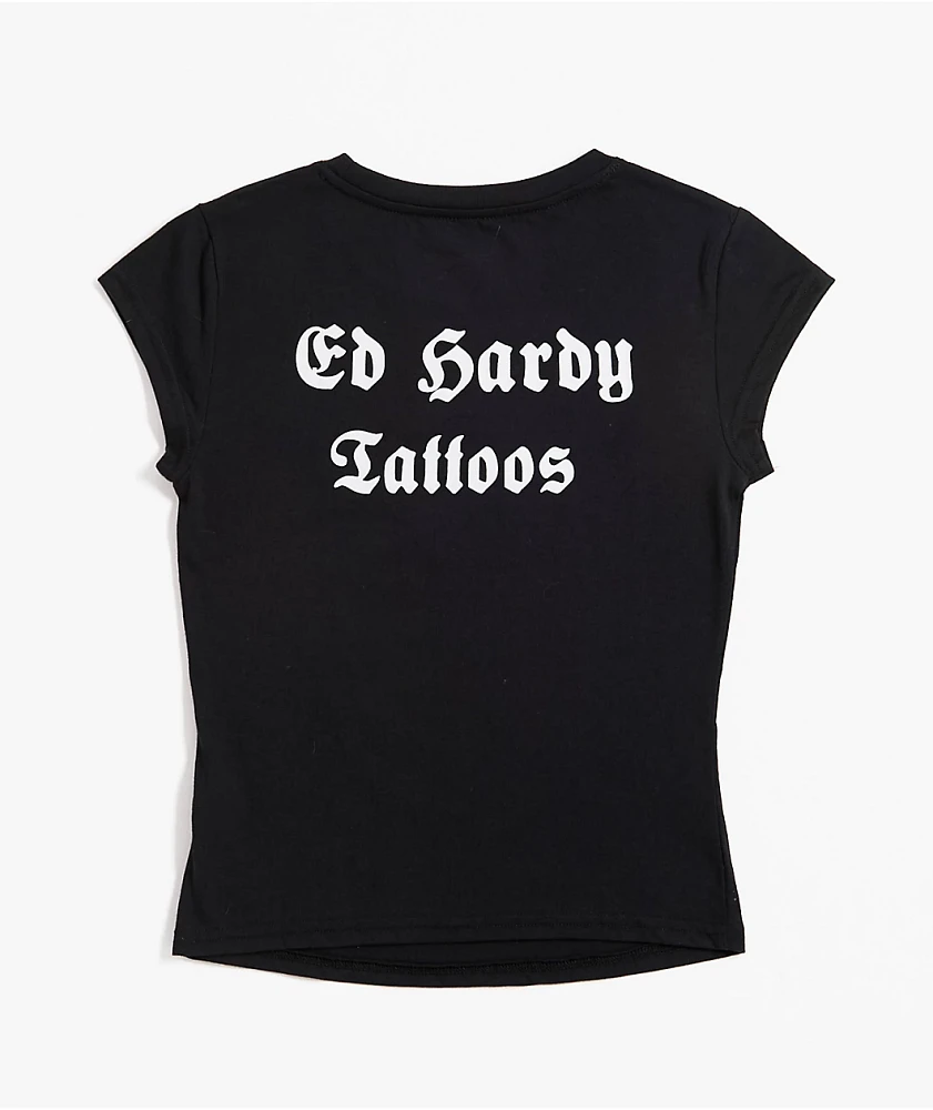 Ed Hardy Rose Rhinestone Cap Sleeve Black T-Shirt