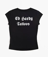 Ed Hardy Rose Rhinestone Cap Sleeve Black T-Shirt