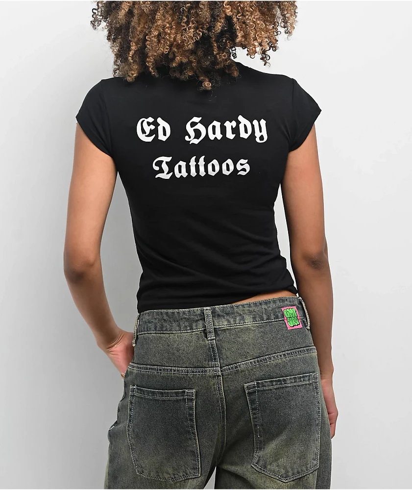 Ed Hardy Rose Rhinestone Cap Sleeve Black T-Shirt