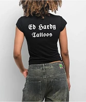 Ed Hardy Rose Rhinestone Cap Sleeve Black T-Shirt