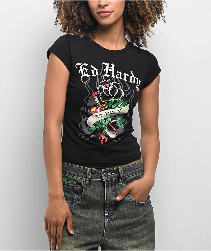 Ed Hardy Rose Rhinestone Cap Sleeve Black T-Shirt