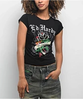 Ed Hardy Rose Rhinestone Cap Sleeve Black T-Shirt