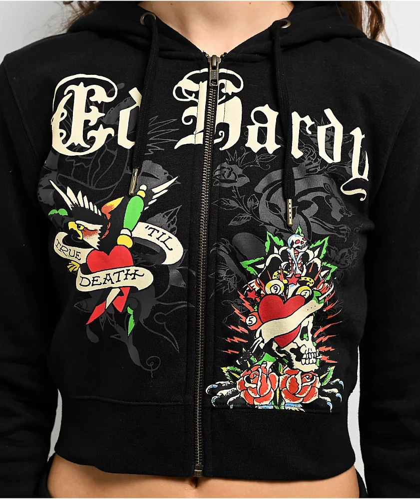 Ed Hardy Rose Skull Black Crop Zip Hoodie