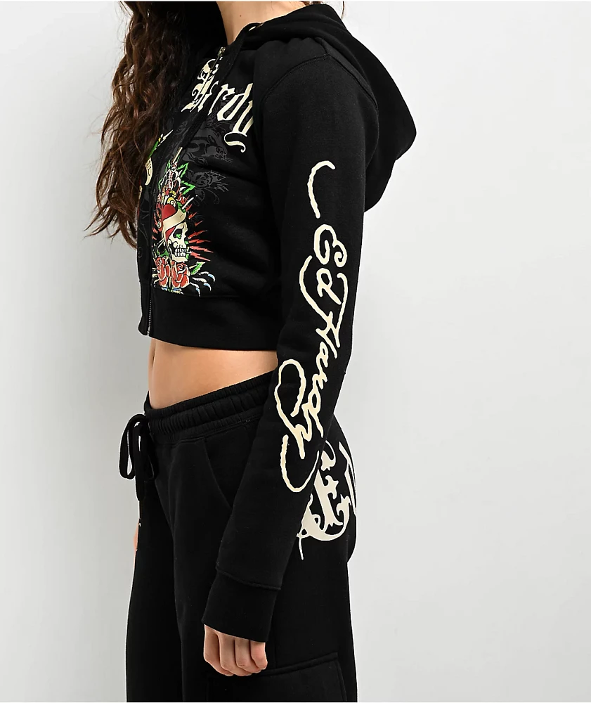 Ed Hardy Rose Skull Black Crop Zip Hoodie