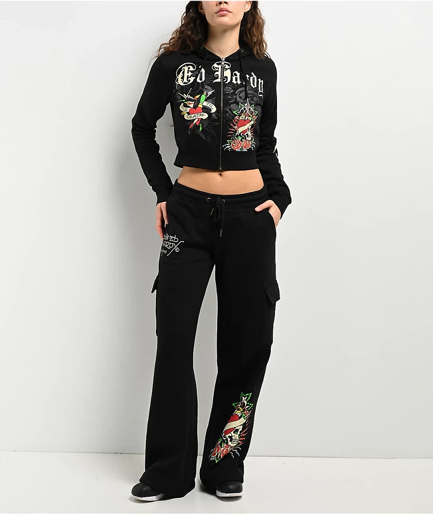 Ed Hardy Rose Skull Black Crop Zip Hoodie