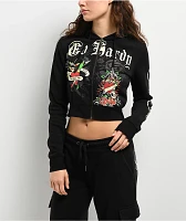 Ed Hardy Rose Skull Black Crop Zip Hoodie