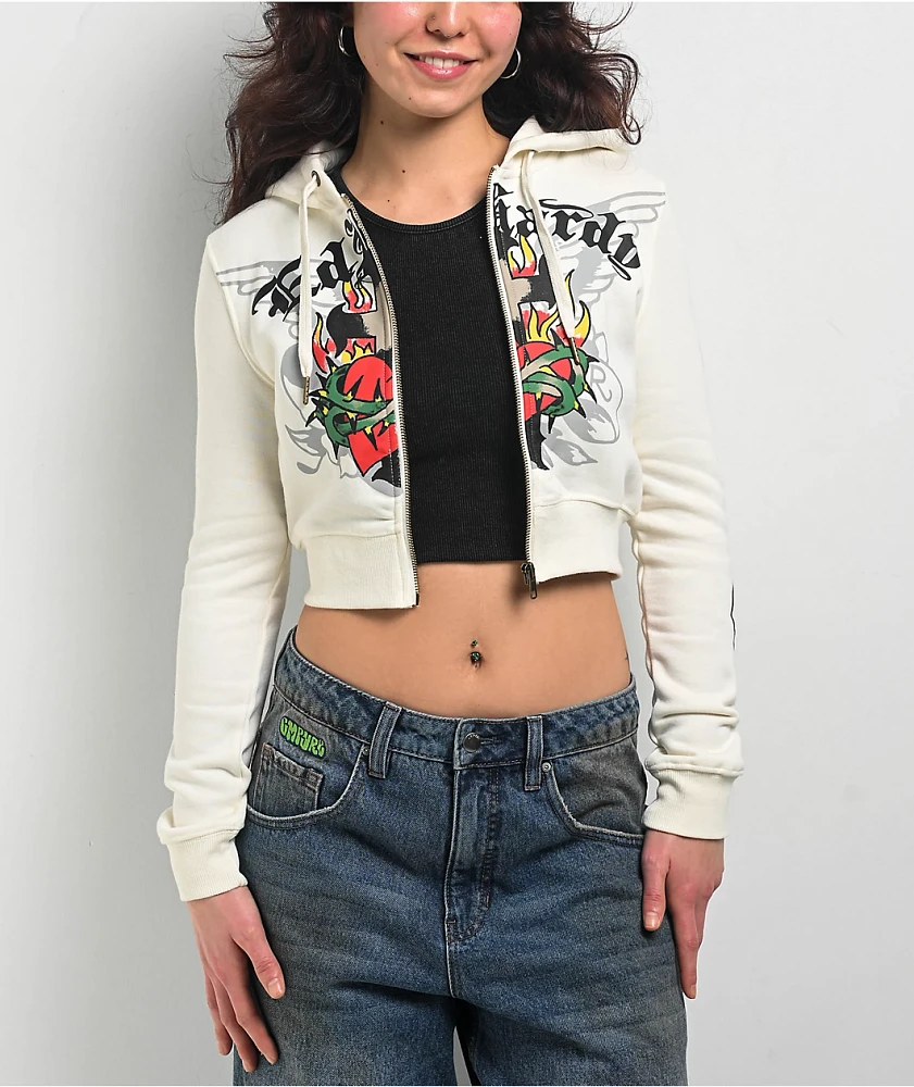 Ed Hardy Sacred Heart Ivory Crop Zip Hoodie