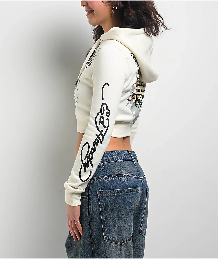 Ed Hardy Sacred Heart Ivory Crop Zip Hoodie