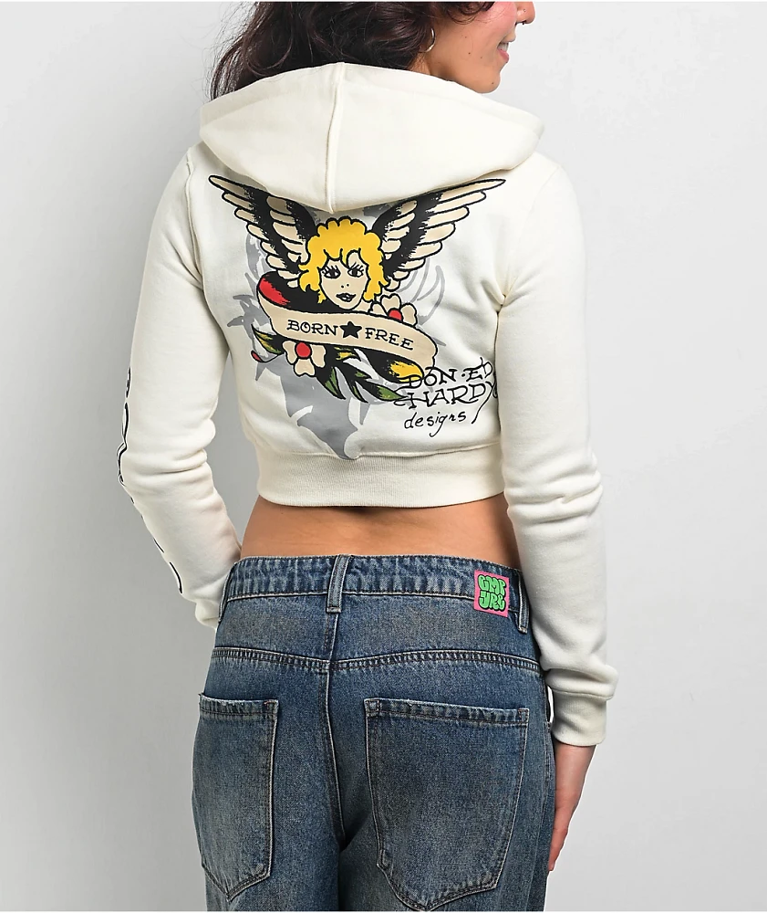 Ed Hardy Sacred Heart Ivory Crop Zip Hoodie