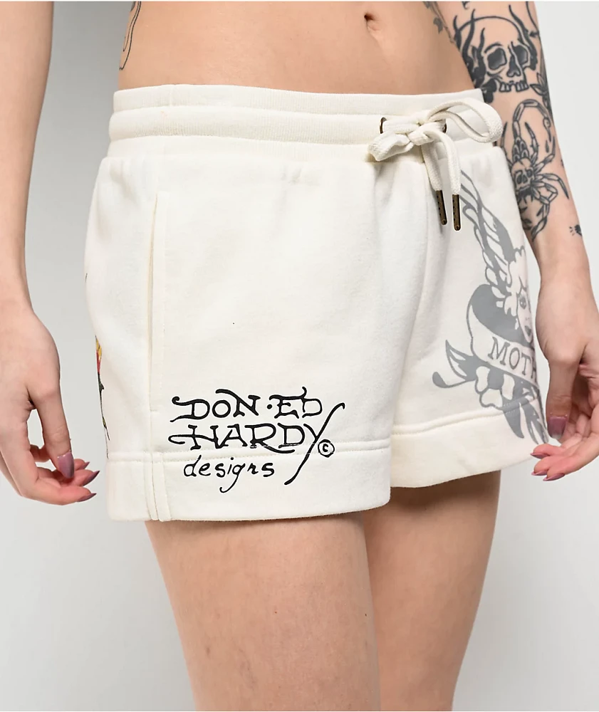 Ed Hardy Sacred Heart Ivory Sweat Shorts