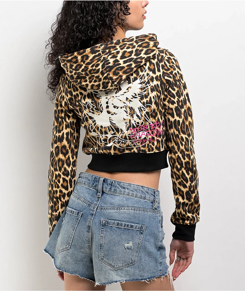 Ed Hardy Sacred Heart Leopard Crop Zip Hoodie