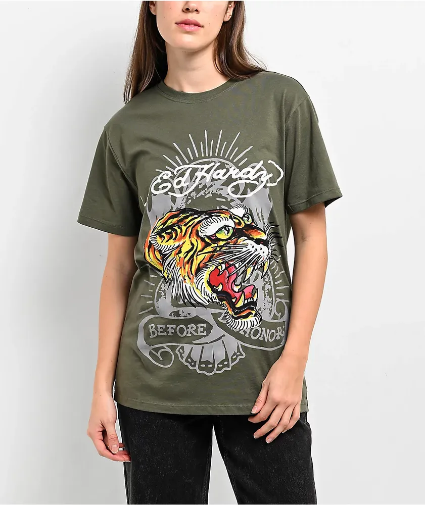 Ed Hardy Flaming Tiger Black Long Sleeve Crop T-Shirt