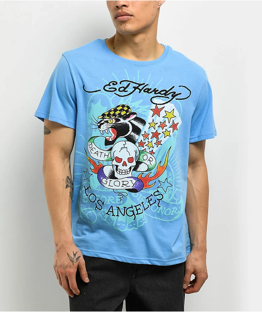 Ed Hardy Skull Panther Powder Blue T-Shirt