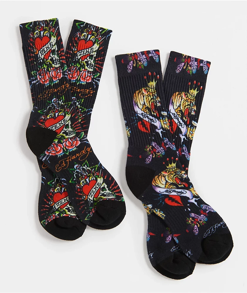 Ed Hardy Skull Tiger Black 2 Pack Crew Socks