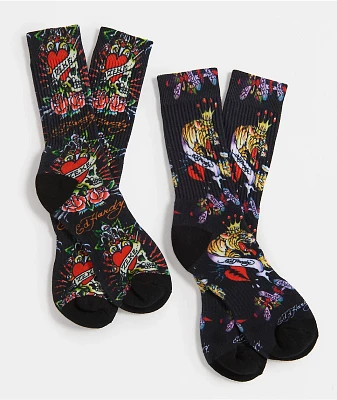 Ed Hardy Skull Tiger Black 2 Pack Crew Socks