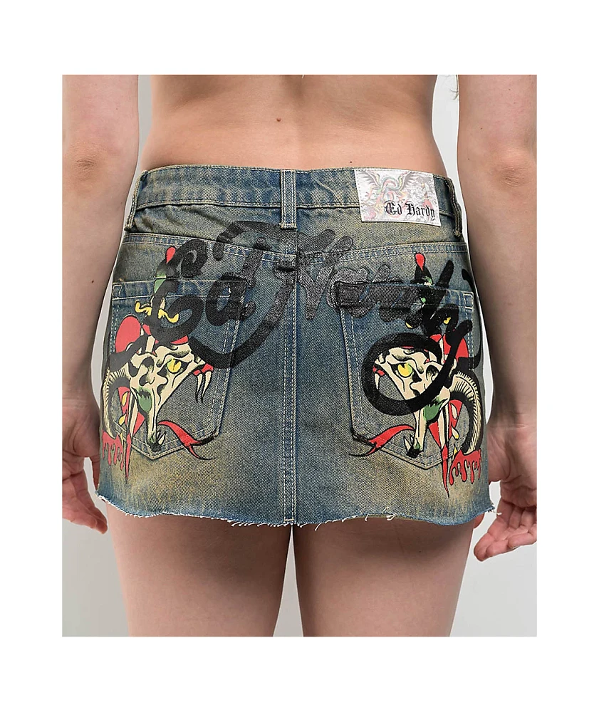 Ed Hardy Snake Hearts Black Cutoff Denim Mini Skirt