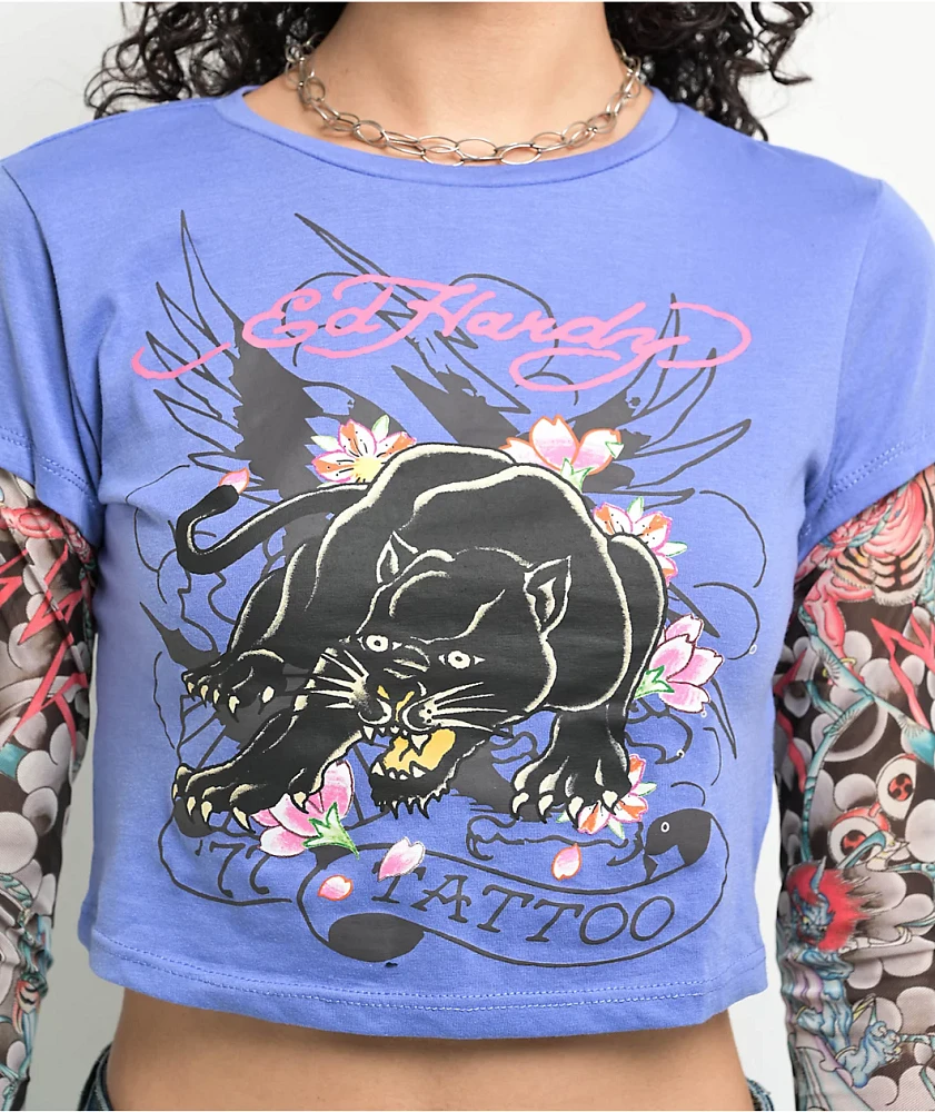 Ed Hardy Swallow 2fer Midnight Long Sleeve Crop T-Shirt