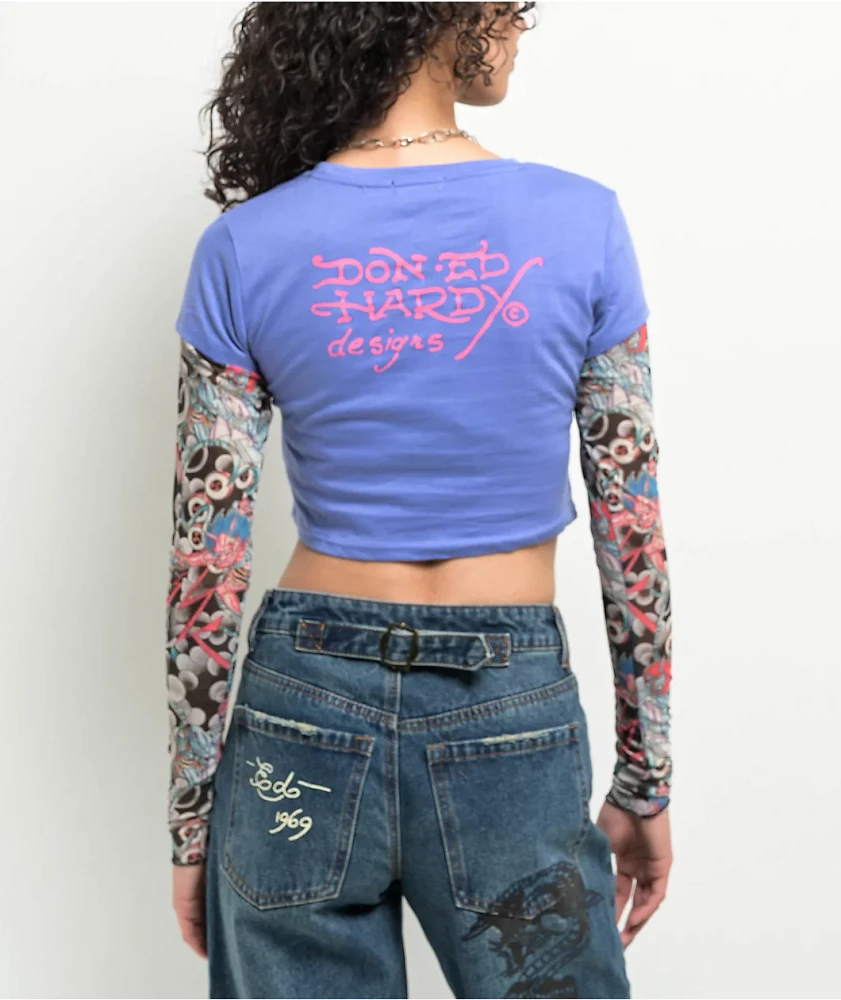 Ed Hardy Swallow 2fer Midnight Long Sleeve Crop T-Shirt