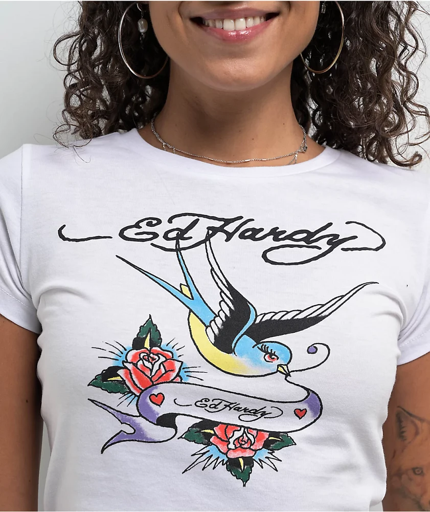 Ed Hardy Swallow Bird White Crop T-Shirt