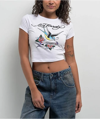 Ed Hardy Swallow Bird White Crop T-Shirt